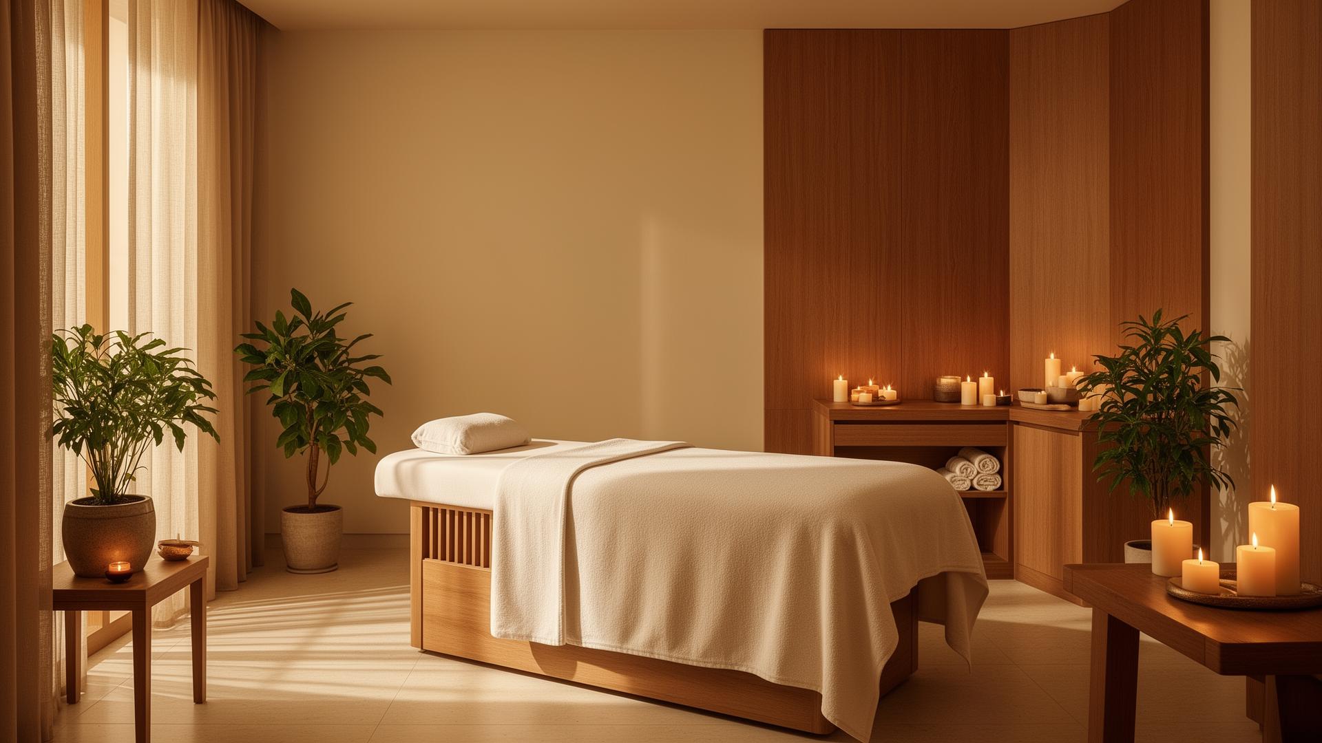 Calm day spa treatment room with timber accents and candlelight