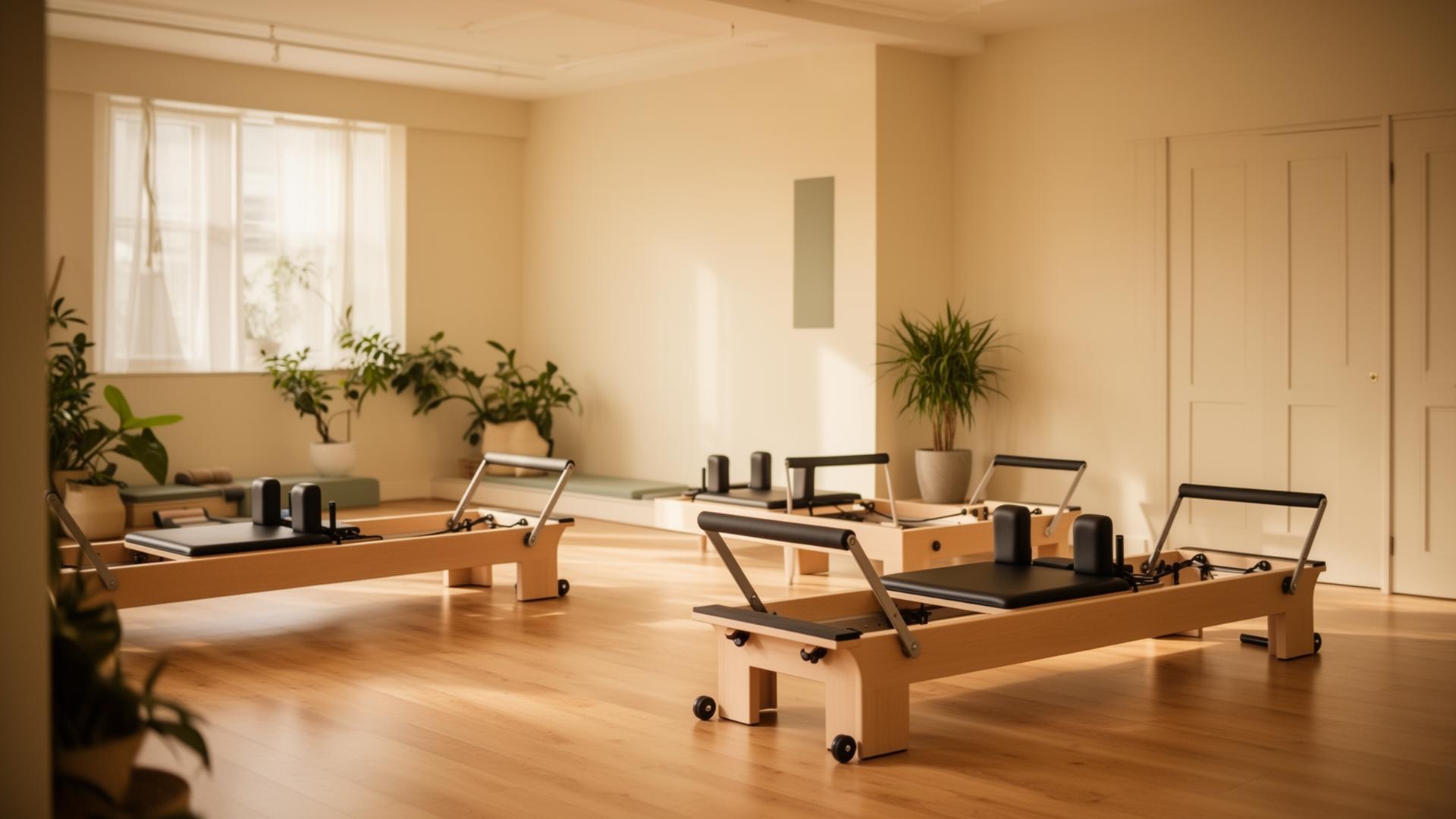Sunlit boutique pilates reformer studio with timber floors and plants